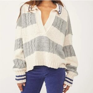 Lucky Brand Gray and Cream V-Neck Sweater